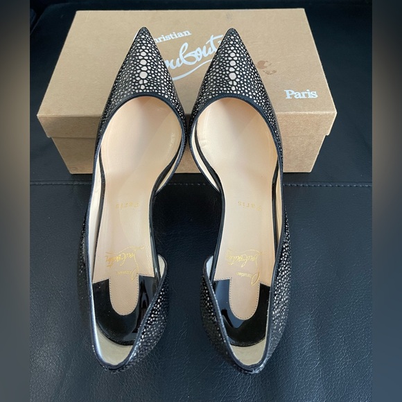 Christian Louboutin ($895USD) GaluPump 70 Patent / Suede Black/Nude Heels 38.5 B - Picture 6 of 11